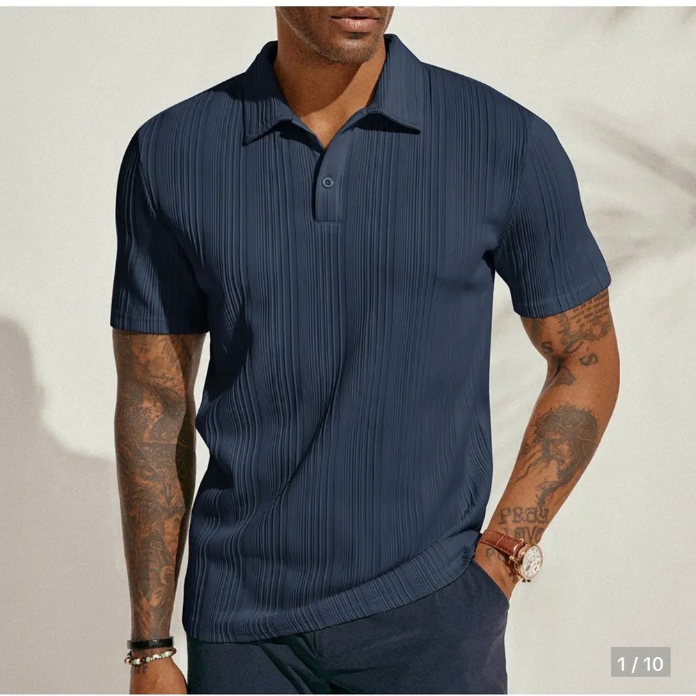 PJ Paul Jones Polo Shirt Mens XL Navy Blue Excellent Vertical Pleated Plisse